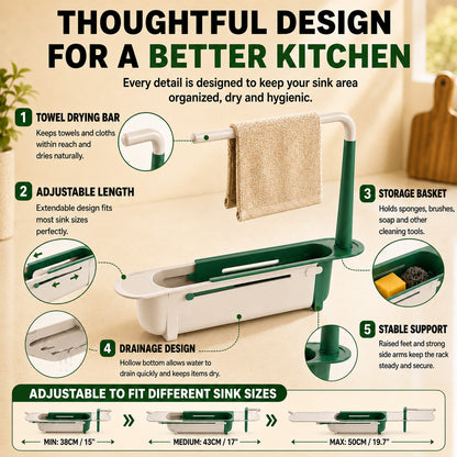 🔥KITCHEN BEST SELLER — 50% OFF GFOUK® 2-in-1 Sink Organizer Rack – Expandable Sponge Holder & Kitchen Towel Drying Bar