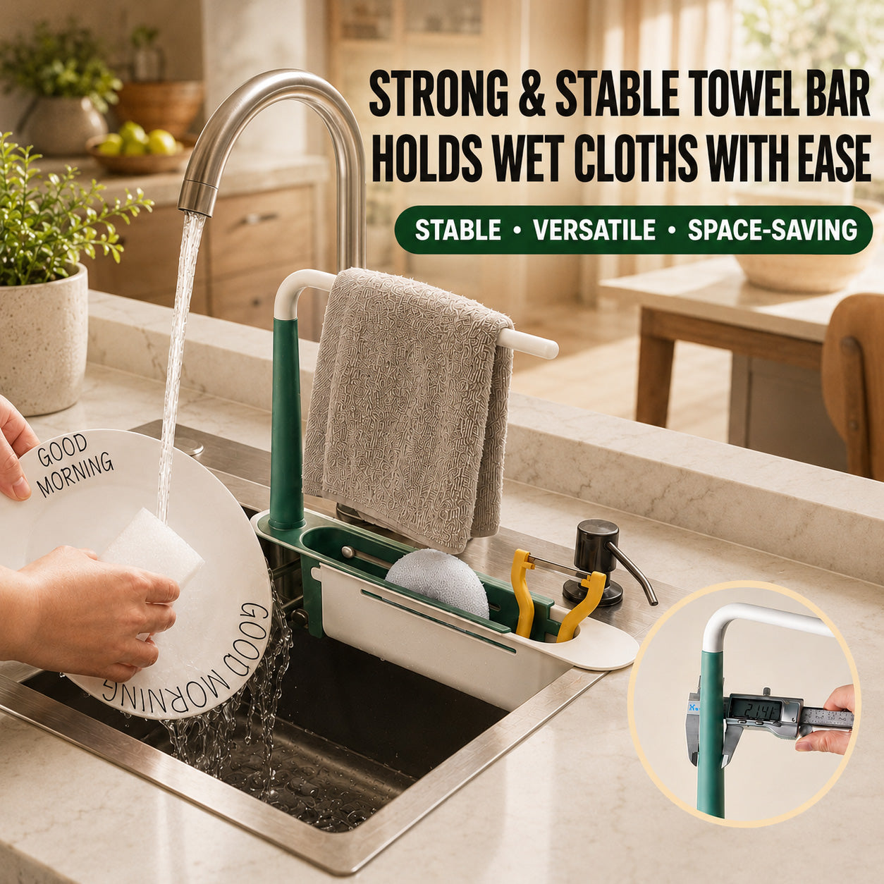 🔥KITCHEN BEST SELLER — 50% OFF GFOUK® 2-in-1 Sink Organizer Rack – Expandable Sponge Holder & Kitchen Towel Drying Bar