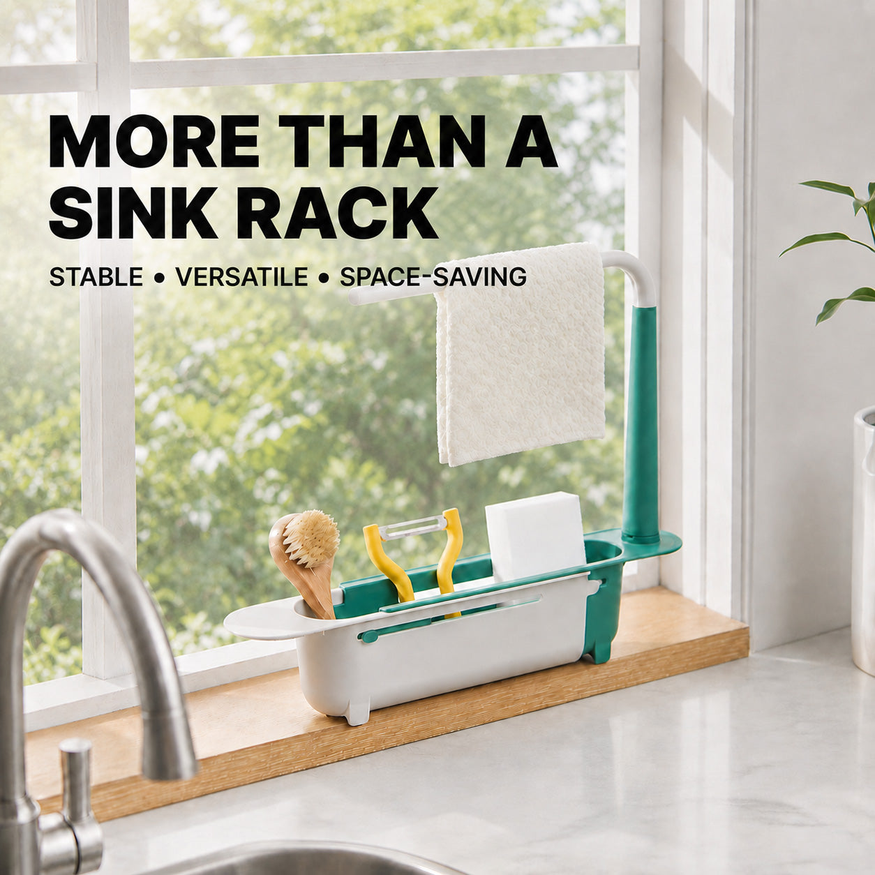 🔥KITCHEN BEST SELLER — 50% OFF GFOUK® 2-in-1 Sink Organizer Rack – Expandable Sponge Holder & Kitchen Towel Drying Bar