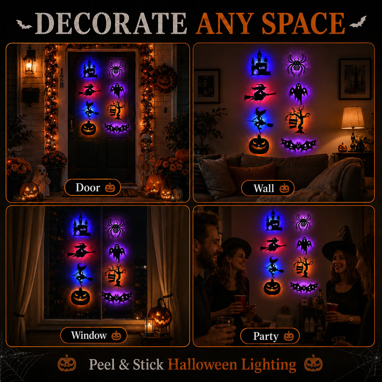✨BVJ® 🎃Halloween LED Silhouette Wall Light Stickers, Battery Powered Peel & Stick Decor Lights