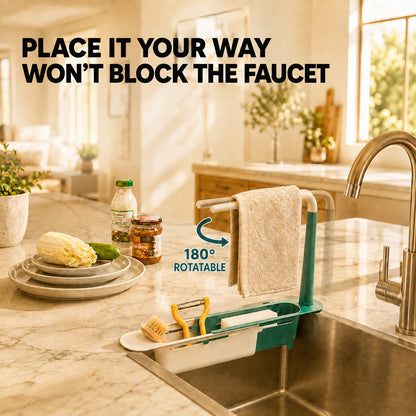 🔥KITCHEN BEST SELLER — 50% OFF GFOUK® 2-in-1 Sink Organizer Rack – Expandable Sponge Holder & Kitchen Towel Drying Bar