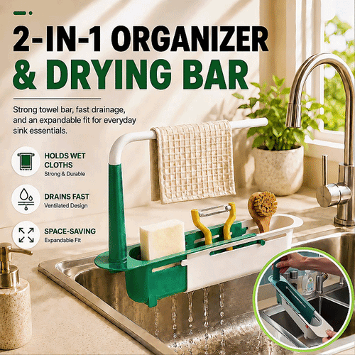 🔥KITCHEN BEST SELLER — 50% OFF GFOUK® 2-in-1 Sink Organizer Rack – Expandable Sponge Holder & Kitchen Towel Drying Bar