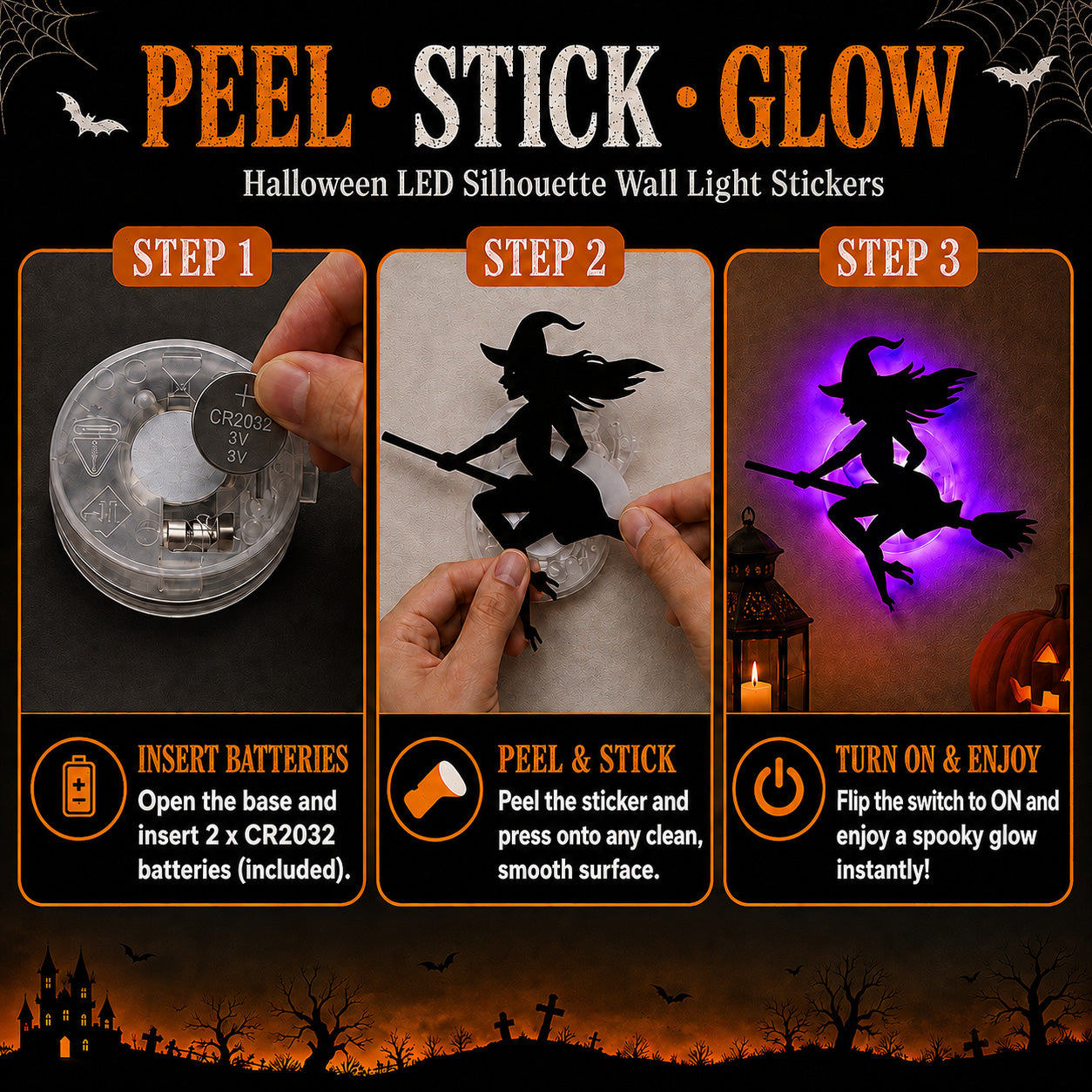 ✨BVJ® 🎃Halloween LED Silhouette Wall Light Stickers, Battery Powered Peel & Stick Decor Lights
