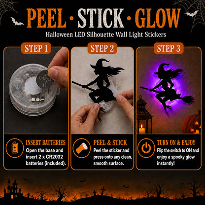 ✨BVJ® 🎃Halloween LED Silhouette Wall Light Stickers, Battery Powered Peel & Stick Decor Lights