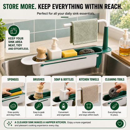 🔥KITCHEN BEST SELLER — 50% OFF GFOUK® 2-in-1 Sink Organizer Rack – Expandable Sponge Holder & Kitchen Towel Drying Bar