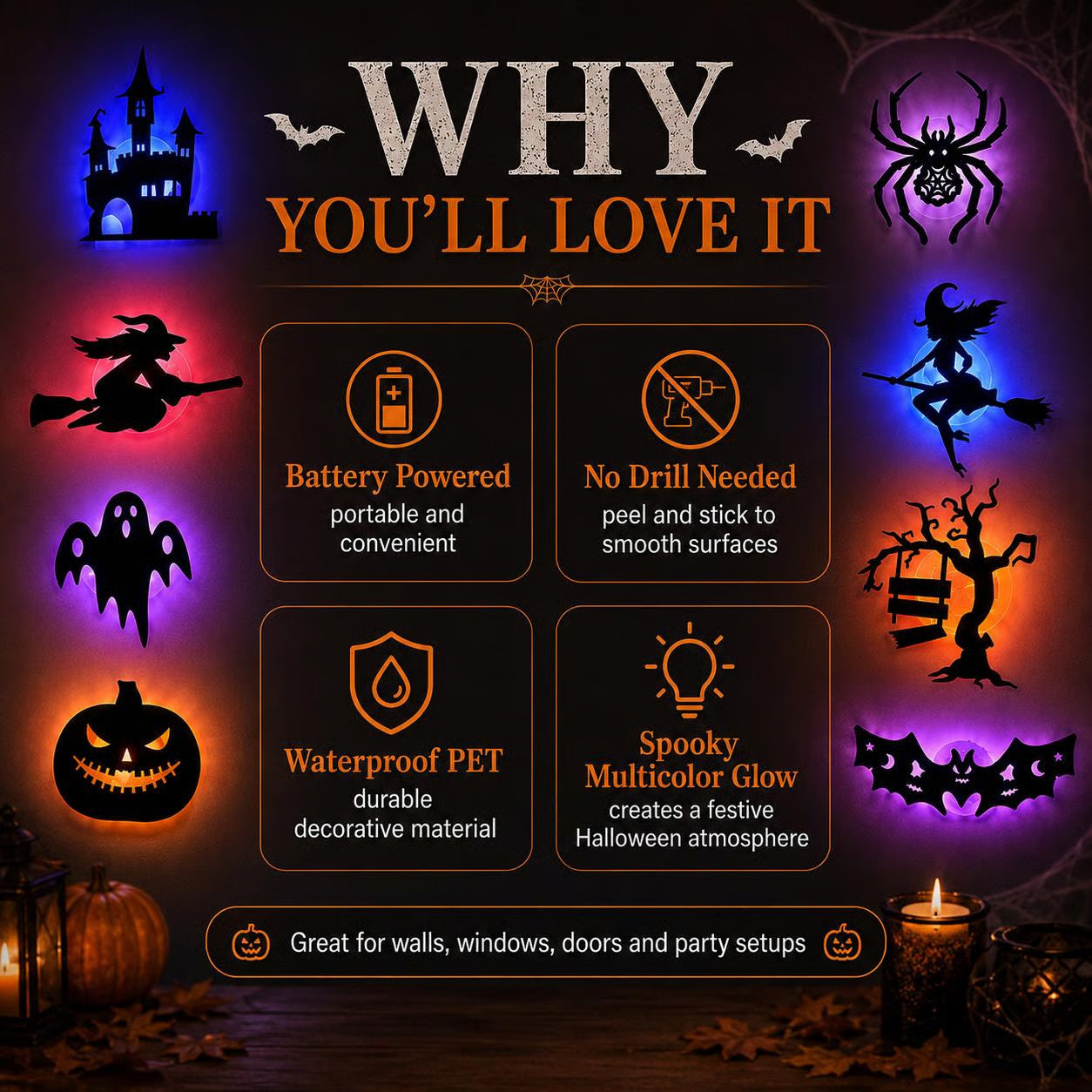 ✨BVJ® 🎃Halloween LED Silhouette Wall Light Stickers, Battery Powered Peel & Stick Decor Lights