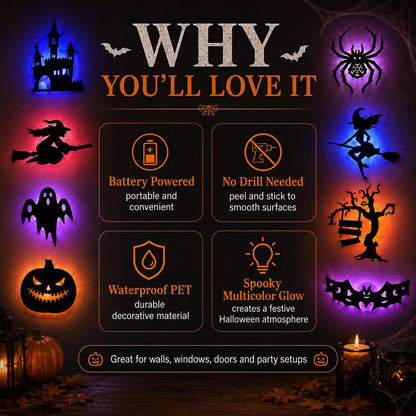 ✨BVJ® 🎃Halloween LED Silhouette Wall Light Stickers, Battery Powered Peel & Stick Decor Lights