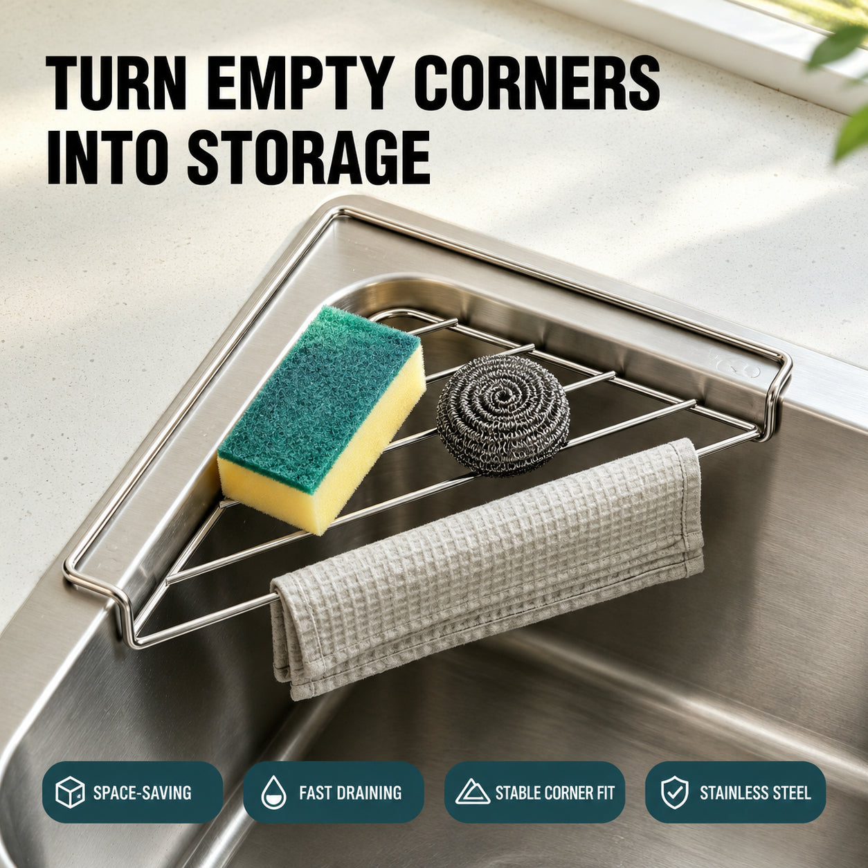 🧽 GFOUK® Stainless Steel Corner Sink Shelf – Triangular Drainage Rack for Sponge, Cloth & Brush Storage
