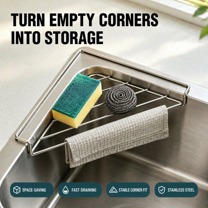 🧽 GFOUK® Stainless Steel Corner Sink Shelf – Triangular Drainage Rack for Sponge, Cloth & Brush Storage