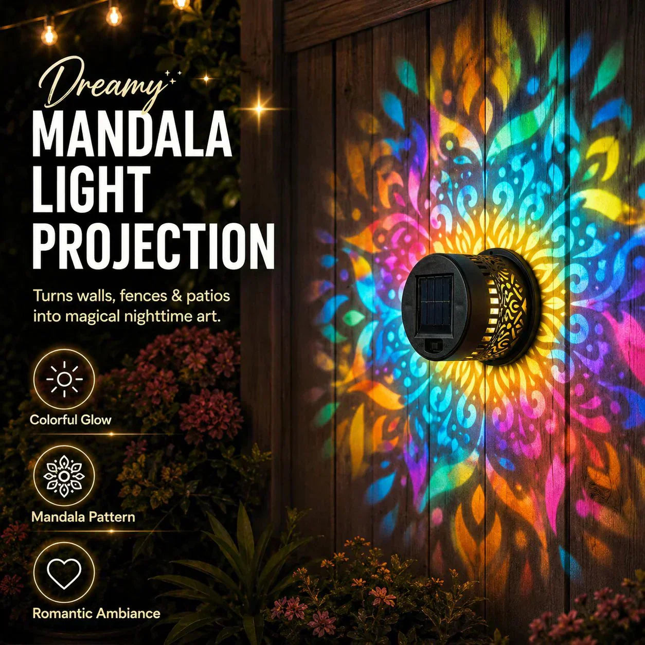 🌞 50% OFF NOW! 🌀BVJ® Solar Mandala Light – Stunning Pattern Projection, 2-in-1 Floor & Wall Design & IP65 Waterproof Auto On/Off 🌿